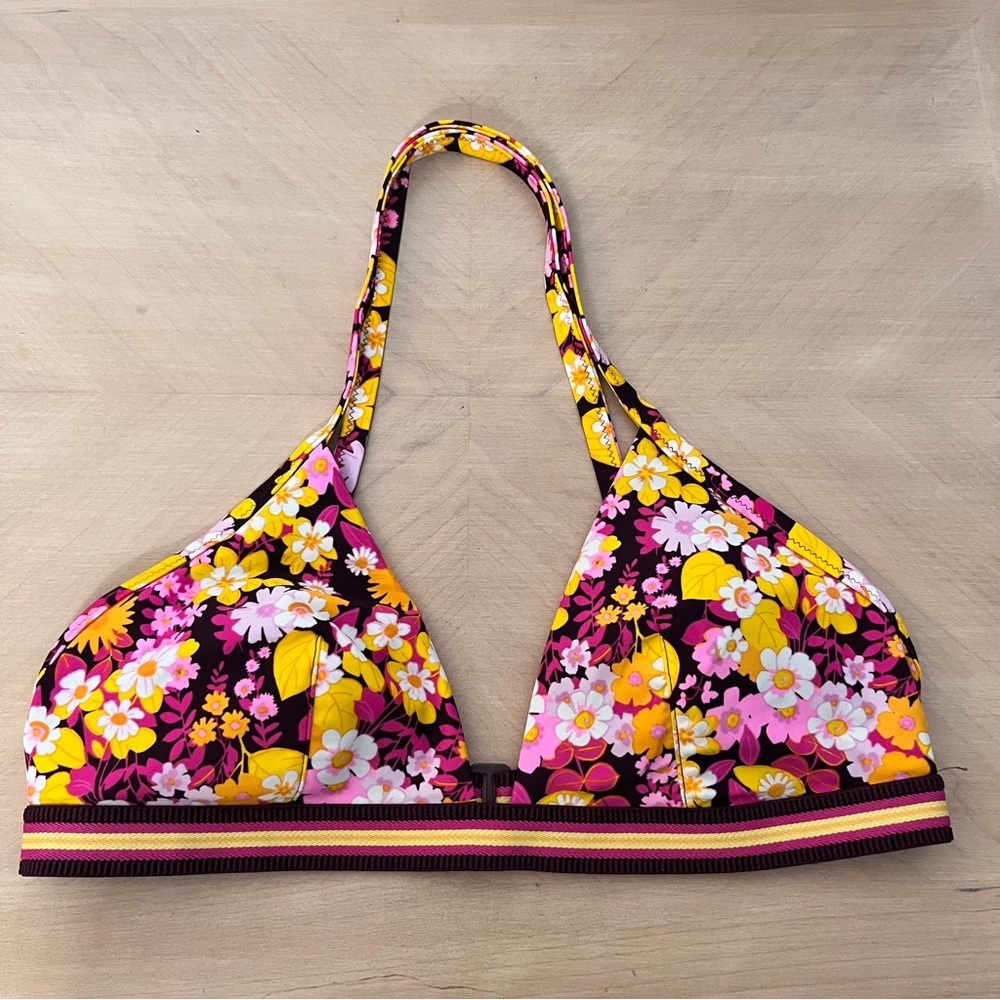 Aerie Floral Bikini Top with Strappy Back Daisy Pink Yellow Triangle Women's L - Picture 2 of 6